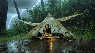 Beautiful girls solo camping in heavy rain, Enjoy delicious food and feel the nature ASMR