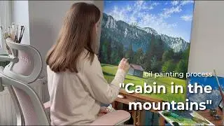 Cozy oil painting of Cabin in the Alps Mountains on a snowy winter day, landscape 4K, relax video
