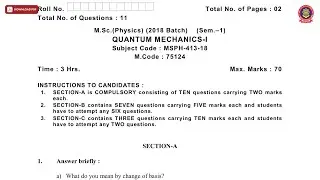 MSC PHYSICS 1ST SEM QUANTUM MECHANICS 1ST MAY 2019 | PTU