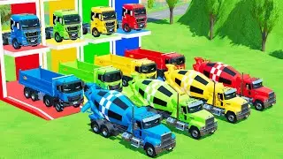 Garage with Color - TRANSPORTING MIXER TRUCK TO GARAGE WITH FLATBED TRAILER TRUCK, MAN, RENAULT, FAW