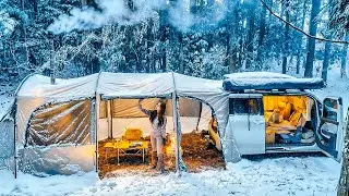 ❄️ Ночь в 6-метровой туннельной палатке при сильном ветре и сильном снегопаде