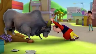 An angry bull has hit Motus car so Motu gets very angry and fights by grabbing the bulls red horns