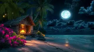 Moonlit Tropical Seaside Night 🌴🔥 | Cozy Beach Hut & Calm Ocean Sounds for Sleep