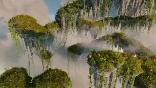 Aerial View of Floating Islands with Red Flowers Seamless Loop 3d Animation