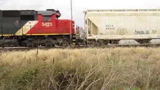 CN 8878, 5423 pulling 5 loaded ACF Center Flow covered hoppers ahead, then stopping