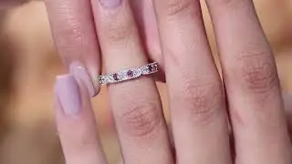 Pink Tourmaline and Moissanite Eternity Band Ring with Milgrain Details