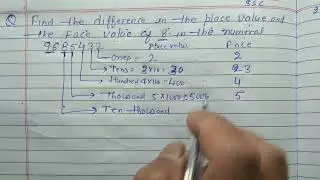 Find the difference in the place value and face value of 8 in the number 9685432