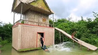 Survival Skills I built a slide from storey house into the river pool by hand tools 100%