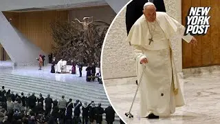 Pope Francis stumbles as part of his walking cane breaks off