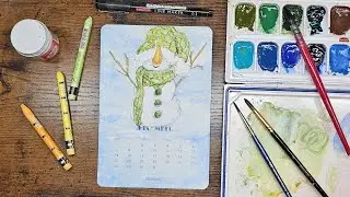 Grabie December 2025 Monthly Calendar, Painting a Cute SNOWMAN in Mixed Media