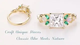 Handmade Custom Engagement & Wedding Ring | Moissanite + Emerald & Pink Opal Tulip Design
