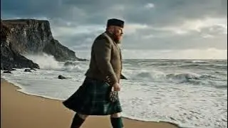 Scotsman Walking Wearing Kilt On Sandwood Bay Beach On Winter History Visit To Highlands Of Scotland