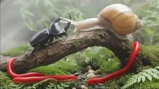 Rare Meeting: Rhino Beetle, Giant Millipede, and Snail Together ! #RareEncounter #Millipede #insects
