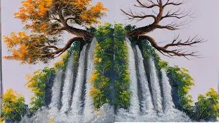 001 - Golden Autumn Tree on a Mountain Waterfall | 8-Min Acrylic Painting Time-Lapse