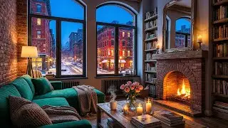 Comfortable Winter Coffee Shop Atmosphere ⛄ Calming Jazz Music & Rattling Fireplace