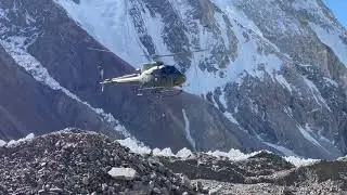 Military helicopter landing at K2 basecamp, Karakoram, Pakistan, 02.07.2022