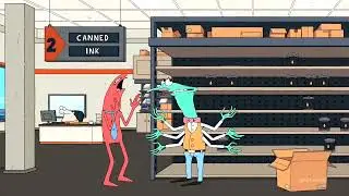 Allan from smiling friends argues with a six armed shelf stacker