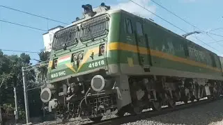 WAG9HC 41818 UNIQUE SILVER/GREEN/YELLOW/GREEN FREIGHT ENGINE HAULS KOLLAM TRAIN