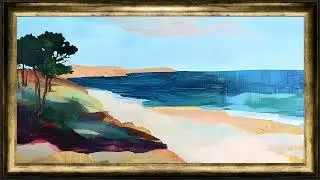 Blue Blue Sea ~ rustic vintage oil painting ~ gold framed tv art screensaver