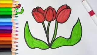 Let's draw TULIPS, Simple drawing technique for kids coloring pages, Just draw #drawing #tulip #kids