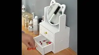 Luxury white round mirror cosmetic storage box makeup organizer with cat #diy #kitchen #organizer