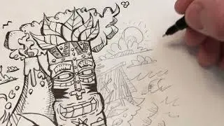 Inking A Volcanic Tiki Island Drawing! Stop Motion Art