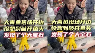 大青鱼开边现场，没想到鱼头里面发现一个大宝贝