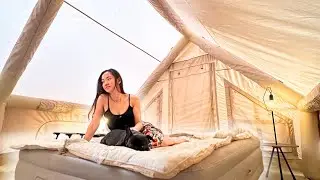 SOLO Girl Camping with My Frenchie in Air Tent House 🏠 Cooking Korean fried chicken & Dessert 🍨 