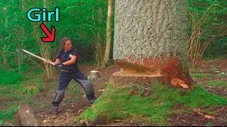 Woman Cutting Down Big Oak Tree with Medieval