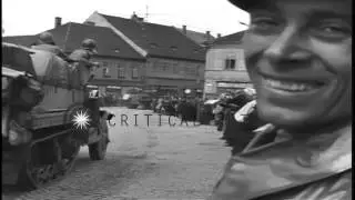 People cheer as soldiers of the 4th Armored Division pass through streets in Czec...HD Stock Footage