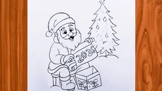 Santa giving gift to kids outline pencil drawing | Christmas festival art