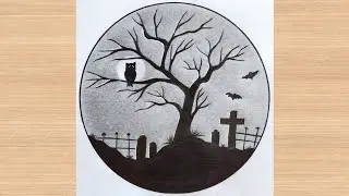 circle scenery drawing Owl on the tree | pencil drawing | simple drawing tutorial