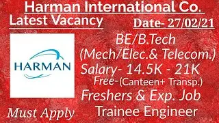 Mechanical Freshers| Engineer Trainee Job| Electronic & Telecom. Engineer Job| Freshers Job 2021|