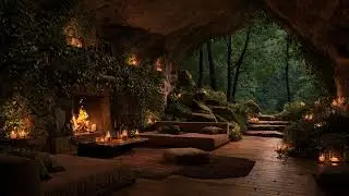 Wild Storm Rain in a Remote Forest Cave at Night | Heavy Rainfall, Rolling Thunder & Firelight