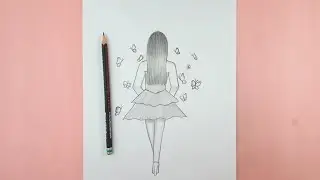 Very easy girl with butterfly drawing for beginners || Girl sketch with pencil || Drawing easy