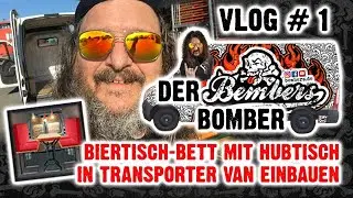 Ein Bett aus Biertischen inkl. Hubtisch macht den Van zum Camper