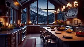 Luxury Cozy Kitchen with Snowy Mountains ❄️ Relaxing Music, Fire & Wind Sounds for Sleep