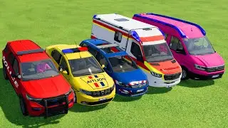 TRANSPORTING FORD, DACIA, AUDI, VOLKSWAGEN POLICE CARS & MERCEDES AMBULANCE CAR WITH TRUCKS ! FS22