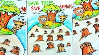 Poster on SAVE TRESS🌲/SAVE ANIMALS /Let's colour ❤️(Easy draw ) Full tutorial 💕 @amazyartdesign