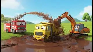 Excavator, Dump Truck, Fire Truck Car for Kids: Muddy Rescue Challenge!