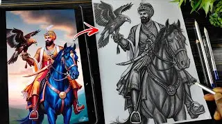 Guru Gobind Singh Ji Drawing Sketch, Guru Gobind Singh Ji on Horse With Baaz Drawing, Step By Step
