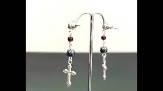 Gothic Gifts 13 Cross Earrings  Silver tone Ball Studs With Red Garnet & Hematite Stone  Earrings