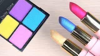 #ASMR Slime coloring with lipstick, eyeshadow, Makeup into clear slime #satisfying #lipstickslime