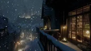 Peaceful Snowy Night Ambience ❄️ Cozy Sofa, Fireplace & Winter Village View