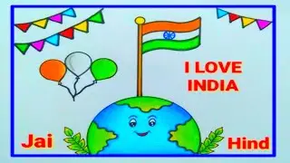 Indian flag with earth cute and simple drawing, draw and color, learn to draw easy drawing, art hub