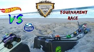 Hot Wheels Monster Jam vs Spin Masters Monster Jam fat track plesiosaurus tournament race beach toys