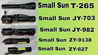 Small Sun Led Rechargeable zooming Metal Torch. Model T-265, JY-703,JY-982, ZY-9138,ZY-627.