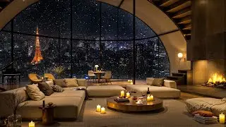 Snowfall Night in Tokyo | Relaxing Jazz Music & Fireplace Sounds in Cozy Apartment Ambience to Chill