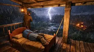 Man Sleeping on a Porch During a Thunderstorm 🌧️⚡ Heavy Rain, Lightning & Lantern Ambience