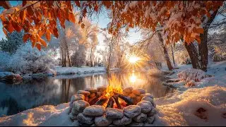 Sunny Winter Day Ambience ❄️🔥 Crackling Fire by the Stream & Calm Golden Nature Sounds